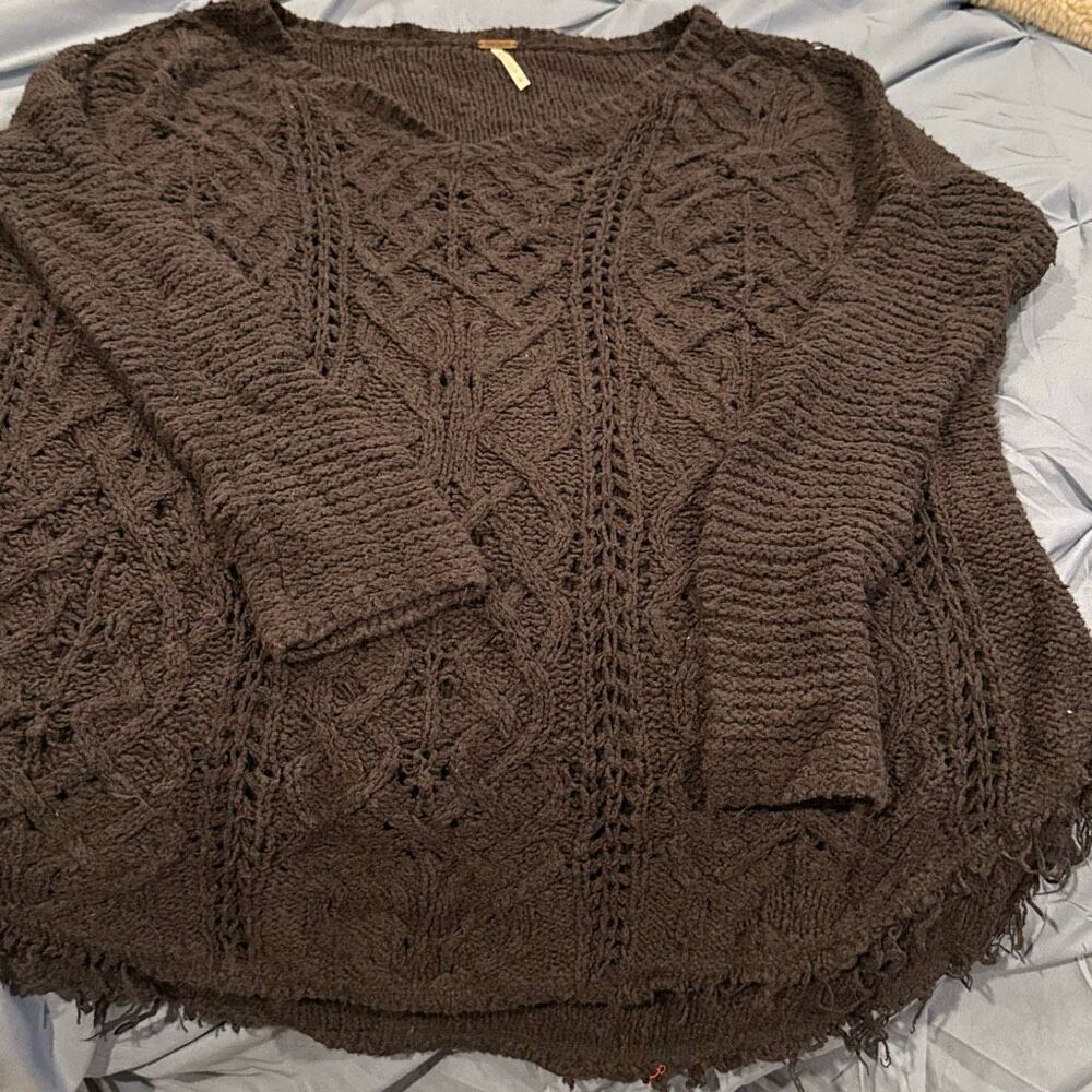 Free people, black sweater, distressed, looking size large